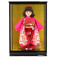 雛人形: 松寿作 市松人形 金彩京友禅 カトレア ガラスケース飾り （HB9）