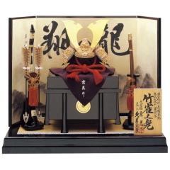 五月人形: 中村宗光作　伝源義経奉納1/3　正絹赤糸縅竹に雀之兜　墨絵山水直筆書入屏風飾り　久月監製