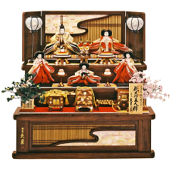 雛人形: 会田博之作　衣裳着　木製三段飾り　五人揃　親王正絹絹帯地衣裳　三五親王　芥子官女　久月監製