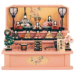 雛人形: 一秀作　芳春雛　木目込　ピンク三段飾り　十人揃　久月監製