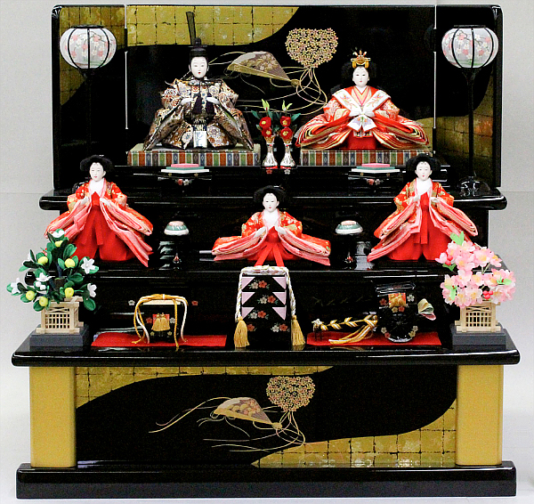 三段飾り　衣装着　金襴「七宝華丸文」　三五親王　芥子官女　【42-1337】