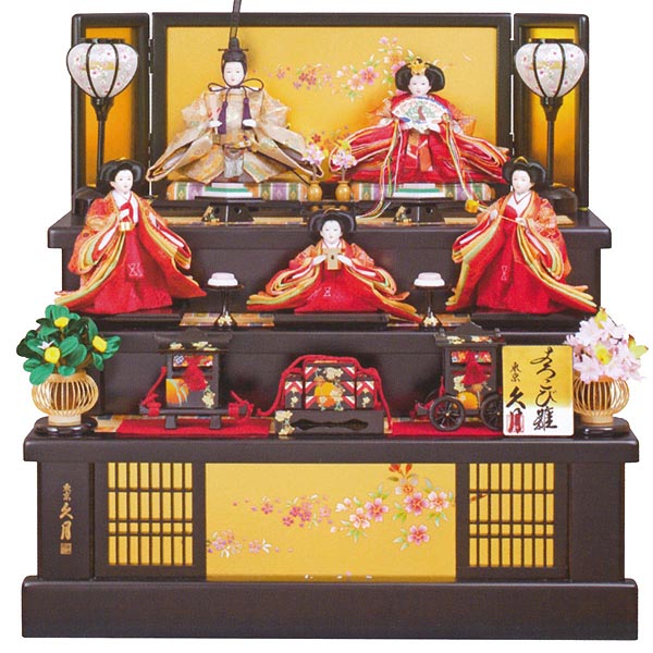 久月 衣裳着 桐製収納五人飾り 小三五親王 芥子官女 （引き出し式収納箱） 【K-39】