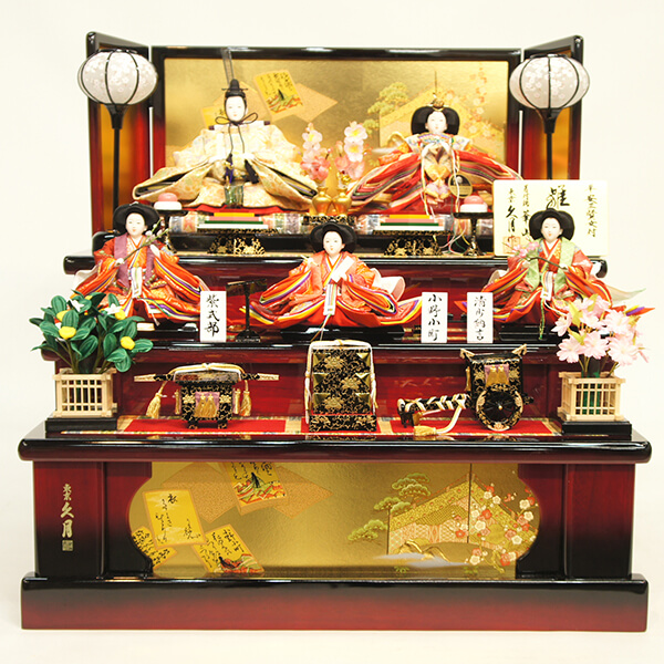 久月作 着付師 華山 平安三賢女付 雛の詩 衣裳着 桐製収納五人飾り 駿河古典蒔絵 三五親王 芥子三