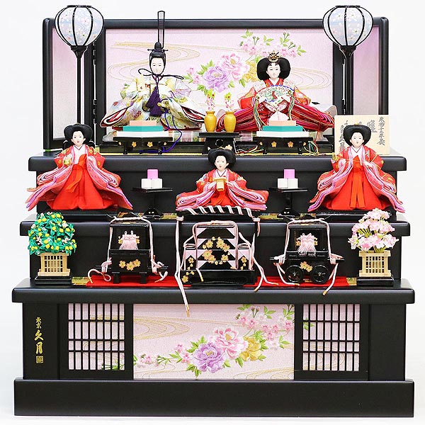 久月 収納三段飾り 小三五親王 小芥子官女 五人飾り （引き出し式収納箱）