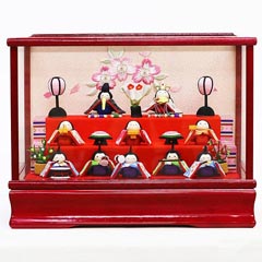 雛人形: プレミアム わらべ雛 10人揃い オルゴール付きケース飾り 赤
