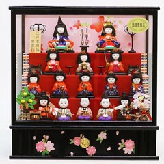 木目込み黒塗りケース 葉桜 ピンク桜 金襴 15人飾り オルゴール付