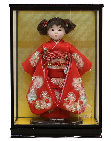 松寿作 市松人形 切嵌京刺繍 ガラスケース飾り （HB9）