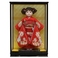 雛人形: 松寿作 市松人形 切嵌京刺繍 ガラスケース飾り （HB9）