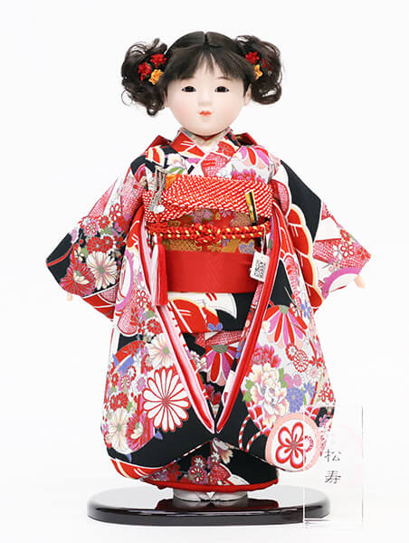 松寿作 市松人形 特選友禅 黒 扇