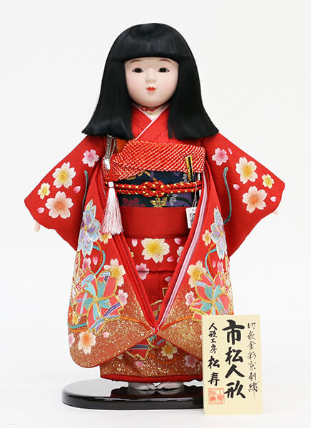松寿作 市松人形 切嵌金彩京刺繍 桜