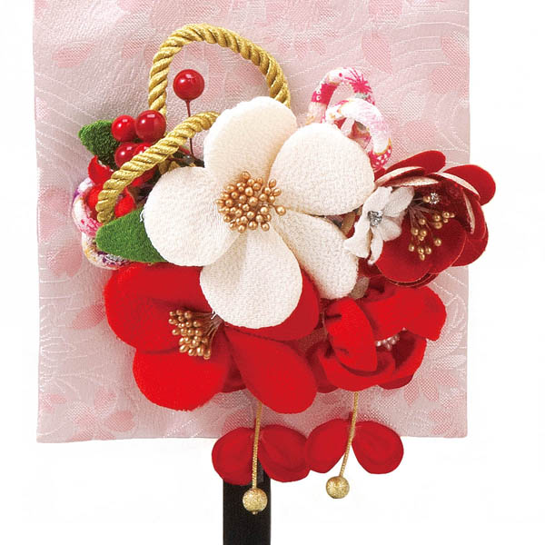 立体刺繍髪飾り付き名前旗 つまみかんざし 台付セット  ※名前・生年月日部分は刺繍 【HJ-272】