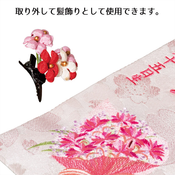 立体刺繍髪飾り付き名前旗 スプリングブーケ 台付セット  ※名前・生年月日部分は刺繍 【HJ-274