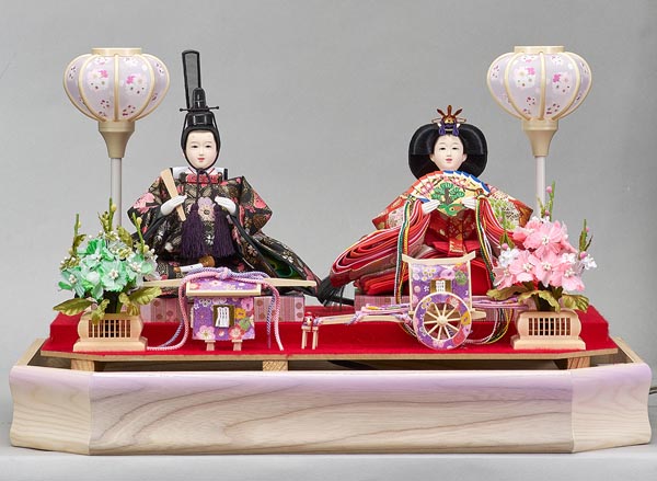 藤翁　 雛人形　紫陽 小三五親王 六角Ｗオークボカシ 刺繍バック アクリルケース飾り　詳細画像