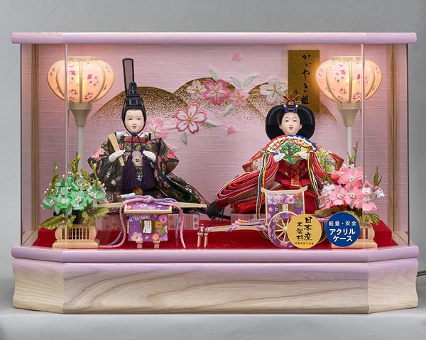 藤翁　 雛人形　紫陽 小三五親王 六角Ｗオークボカシ 刺繍バック アクリルケース飾り　詳細画像