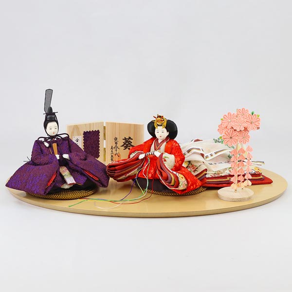 柴田家千代作 葵 金襴桜柄 紫/赤 柳親王 つまみ細工 髪飾り 楕円形飾り台セット