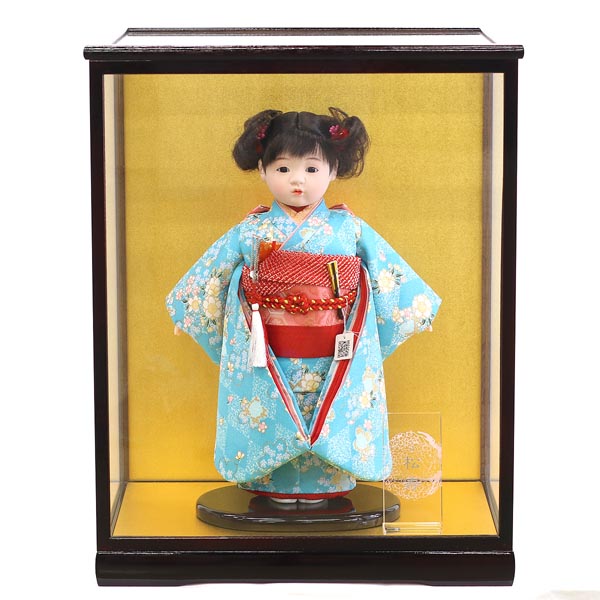松寿作 市松人形 特選友禅 桜 水色 ガラスケース飾り （HB45）