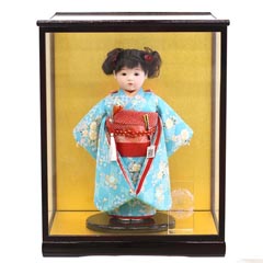 雛人形: 松寿作 市松人形 特選友禅 桜 水色 ガラスケース飾り （HB45）