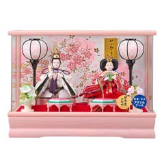 雛人形: 姫華 豆 親王飾り・桃 金蘭仕立 栓欅 オルゴール付き アクリルケース飾り