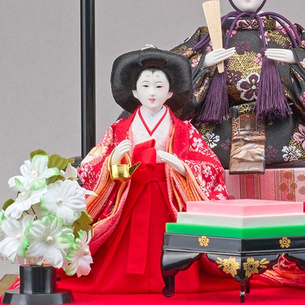 藤翁　 雛人形　のぞみ 豆親王 三人官女 五人揃い 濃茶色 アクリルケース飾り　詳細画像