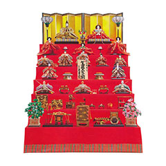 雛人形: 清水朱月作 衣裳着 七段飾り 十五人揃い 本金道具 久月監製 七番親王 七寸揃 【D-73】