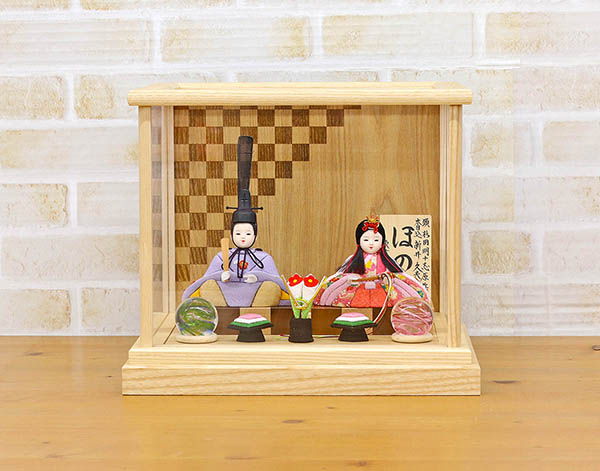 久月　 雛人形　久月作 ほのか 小春雛 薄紫色 親王飾り 白木 市松文様 アクリルケース飾り　詳細画像
