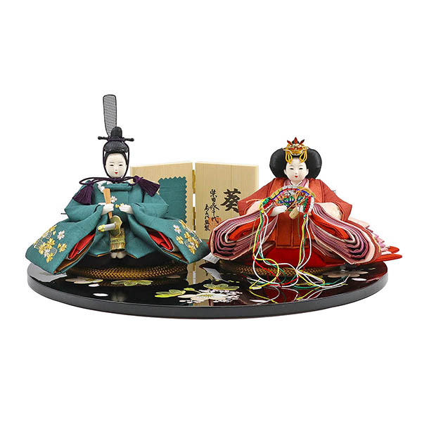 柴田家千代作 葵 かすみ桜刺繍 青緑/朱 柳親王 裾短衣裳着 黒塗り桜柄 円形飾り台 平飾り