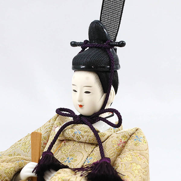 柴田家千代　 雛人形　柴田家千代作 葵 金らん ベージュ/赤 柳親王 裾短衣裳着 白色七宝文様屏風 木製飾り台 平飾り　詳細画像