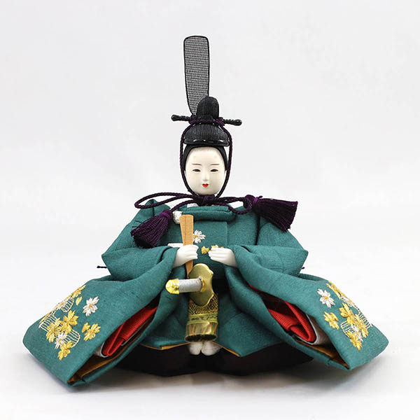 柴田家千代　 雛人形　柴田家千代作 葵 かすみ桜刺繍 青緑/朱 柳親王 裾短衣裳着 白色七宝文様屏風 木製飾り台 平飾り　詳細画像