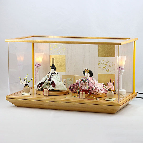 柴田家千代　 雛人形　柴田家千代作 葵 金襴 桜文様 薄緑/ピンク 柳親王 裾短衣裳着 タモ材使用 木製アクリルケース飾り　詳細画像