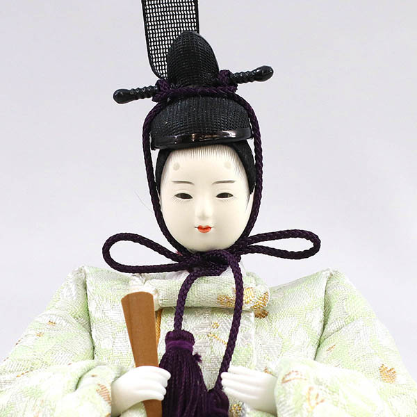 柴田家千代　 雛人形　柴田家千代作 葵 金襴 桜文様 薄緑/ピンク 柳親王 裾短衣裳着 タモ材使用 木製アクリルケース飾り　詳細画像