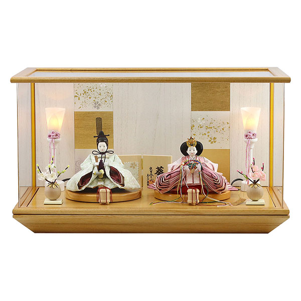 柴田家千代作 葵 金襴 桜文様 薄緑/ピンク 柳親王 裾短衣裳着 タモ材使用 木製アクリルケース飾り