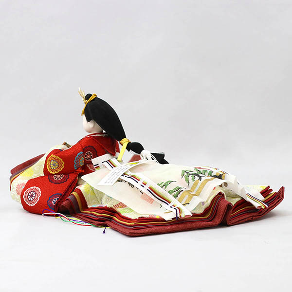 柴田家千代　 雛人形　柴田家千代作 葵 黄櫨染 唐花文様 金茶/赤 柳親王 裾長衣装着 三段ぼかし几帳 華風 黒塗り飾り台 平飾り　詳細画像