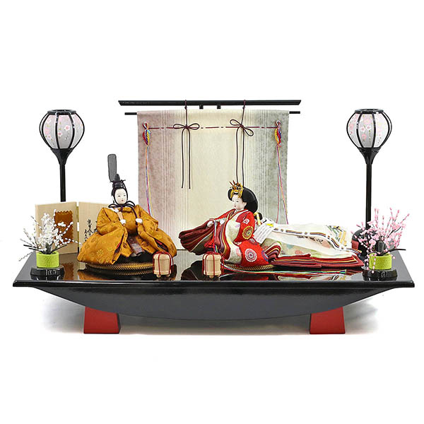 柴田家千代作 葵 黄櫨染 唐花文様 金茶/赤 柳親王 裾長衣装着 三段ぼかし几帳 華風 黒塗り飾り台