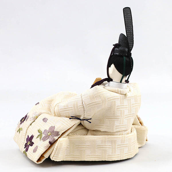 柴田家千代　 雛人形　柴田家千代作 葵 算崩地紋 刺繍桜ちらし 白紫 柳親王 裾長衣装着 紗綾形文様白色屏風 白木調木製収納飾り　詳細画像