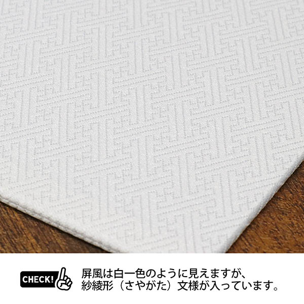 柴田家千代　 雛人形　柴田家千代作 葵 算崩地紋 刺繍桜ちらし 白紫 柳親王 裾長衣装着 紗綾形文様白色屏風 白木調木製収納飾り　詳細画像