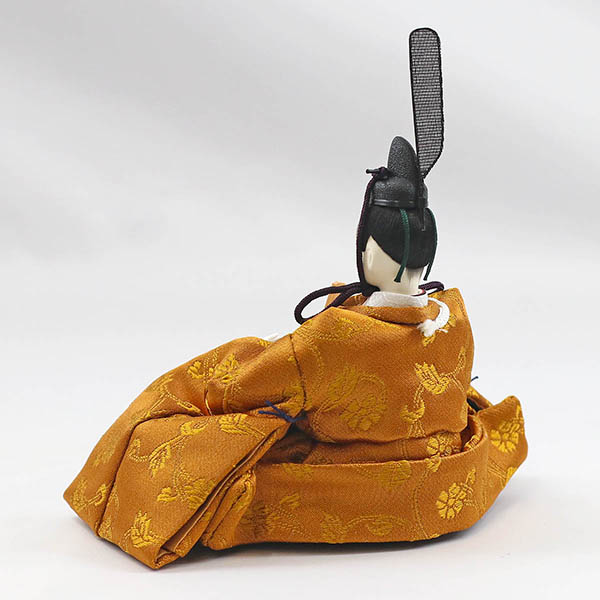 柴田家千代　 雛人形　柴田家千代作 葵 黄櫨染 唐花文様 金茶/赤 柳親王 裾長衣装着 筒型雪洞 高級木材使用 衝立・飾り台 平飾り　詳細画像