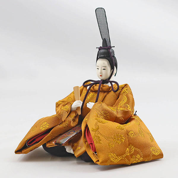 柴田家千代　 雛人形　柴田家千代作 葵 黄櫨染 唐花文様 金茶/赤 柳親王 裾長衣装着 筒型雪洞 高級木材使用 衝立・飾り台 平飾り　詳細画像