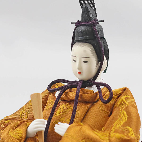 柴田家千代　 雛人形　柴田家千代作 葵 黄櫨染 唐花文様 金茶/赤 柳親王 裾長衣装着 白色七宝文様屏風 桐製収納飾り　詳細画像