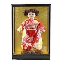 雛人形: 松寿作 市松人形 京友禅 雪輪に蝶 赤 ガラスケース飾り （HB9）