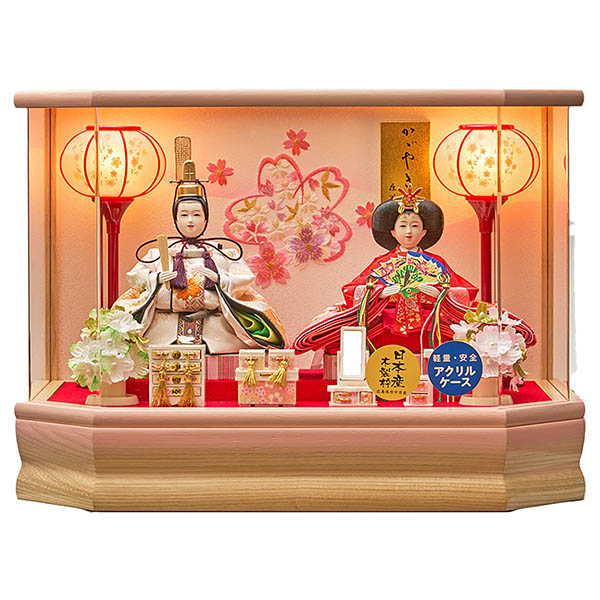 藤翁　 雛人形　彩乃 豆親王 桃 六角Ｗオークボカシ 刺繍バック アクリルケース飾り　詳細画像