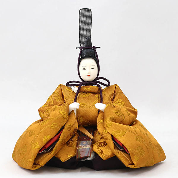 柴田家千代　 雛人形　柴田家千代作 葵 黄櫨染 唐花文様 金茶/赤 柳親王 裾長衣装着 アートフラワー 白木 木目 飾り台　詳細画像