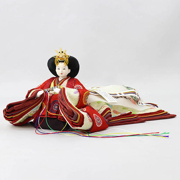 柴田家千代　 雛人形　柴田家千代作 葵 黄櫨染 唐花文様 金茶/赤 柳親王 裾長衣装着 アートフラワー 白木 木目 飾り台　詳細画像