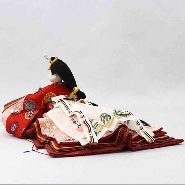 柴田家千代　 雛人形　柴田家千代作 葵 有職 向鶴丸文 黒/赤 柳親王 裾長衣装着 アートフラワー 白木 木目 飾り台　詳細画像