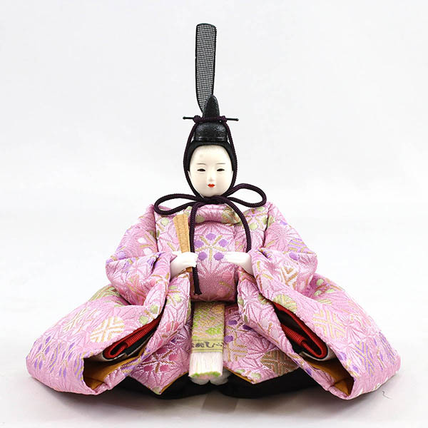 柴田家千代　 雛人形　柴田家千代作 葵 麻の葉に丸文 薄紫ピンク 柳親王 裾長衣装着 アートフラワー 白木 木目 飾り台　詳細画像