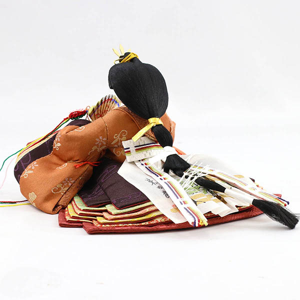 柴田家千代　 雛人形　柴田家千代作 葵 正絹優美錦 薄紫/オレンジ 柳親王 裾短衣裳着 アートフラワー 白木 木目 飾り台　詳細画像