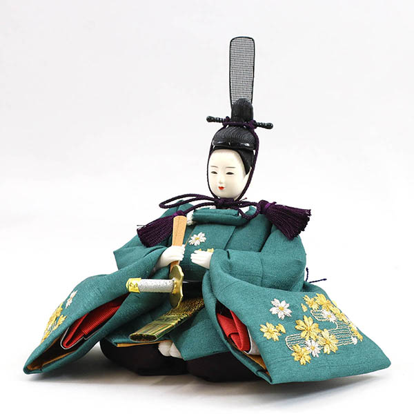 柴田家千代　 雛人形　柴田家千代作 葵 かすみ桜刺繍 青緑/朱 柳親王 裾短衣裳着 アートフラワー 白木 木目 飾り台　詳細画像