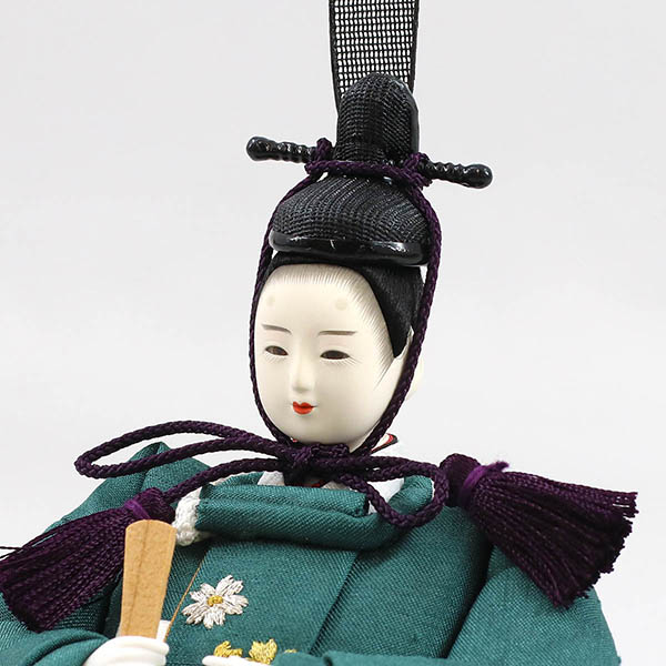 柴田家千代　 雛人形　柴田家千代作 葵 かすみ桜刺繍 青緑/朱 柳親王 裾短衣裳着 アートフラワー 白木 木目 飾り台　詳細画像