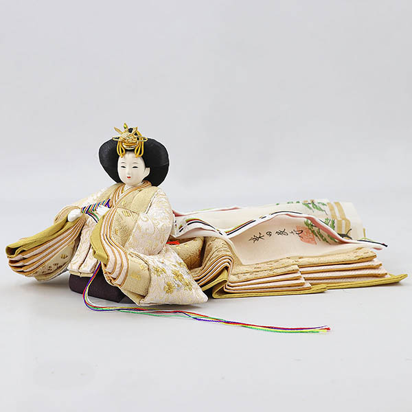 柴田家千代　 雛人形　柴田家千代作 葵 唐花文様に刺繍 かすみ桜 白金 柳親王 裾長衣裳着 アートフラワー 白木 木目 飾り台　詳細画像