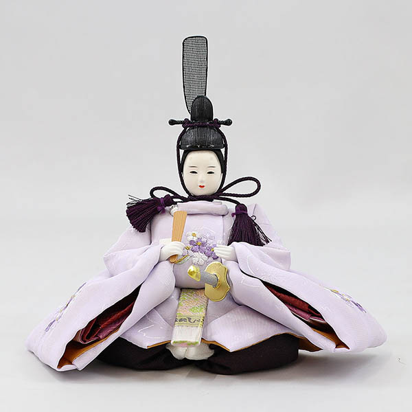 柴田家千代　 雛人形　柴田家千代作 葵 刺繍リボンに梅 薄紫/ピンク 柳親王 裾短衣裳着 アートフラワー 白木 木目 飾り台　詳細画像