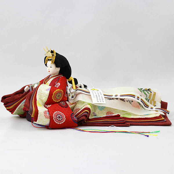 柴田家千代　 雛人形　柴田家千代作 葵 黄櫨染 唐花文様 金茶/赤 柳親王 裾長衣装着 アートフラワー 白木 木目 飾り台 屏風　詳細画像